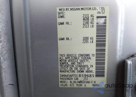 2012 Nissan Maxima 3.5 Sv z USA, uszkodzony, nr VIN 1N4AA5AP7CC859685